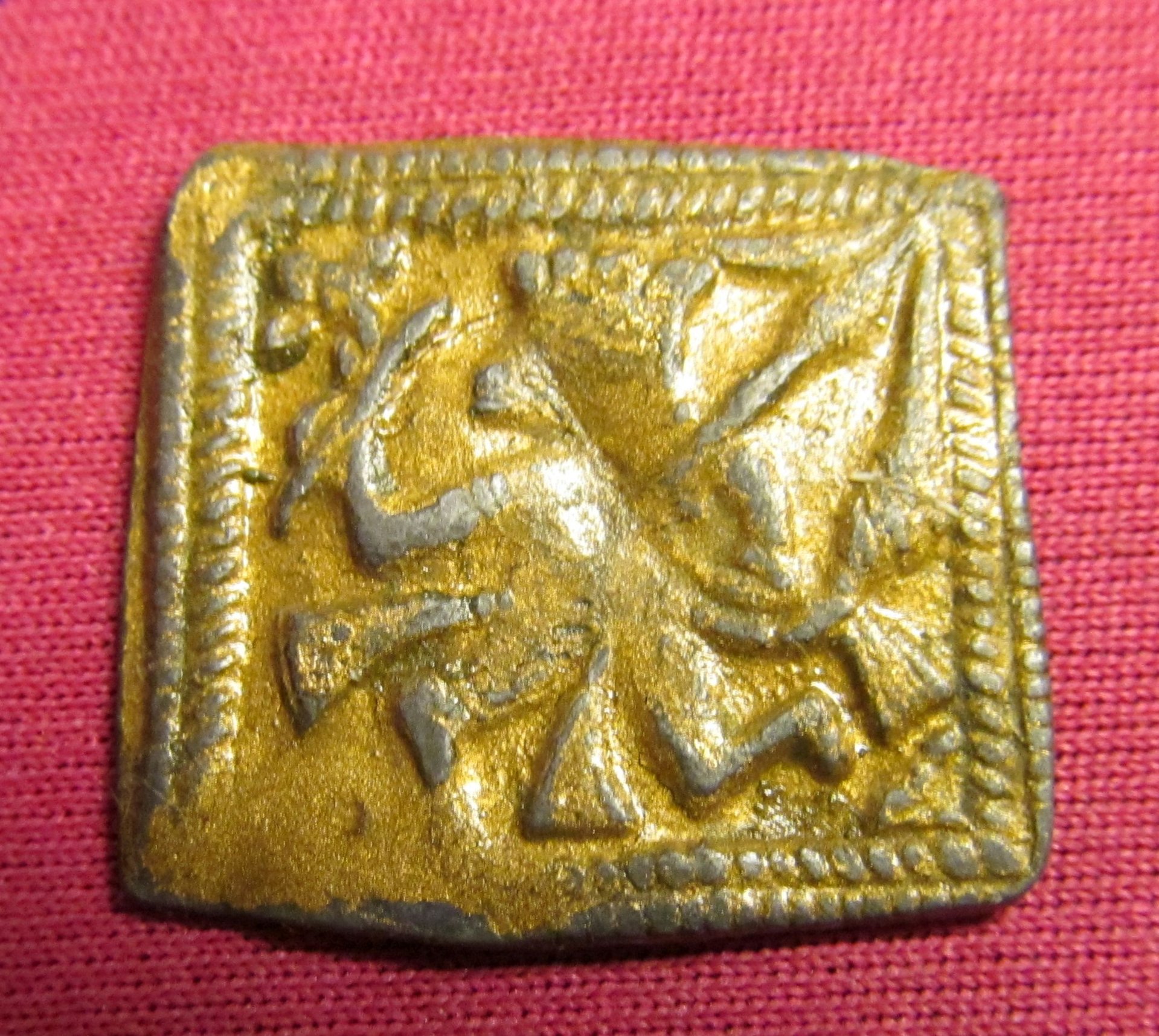 Ancient India? Square grey metal token / gold paint ...
