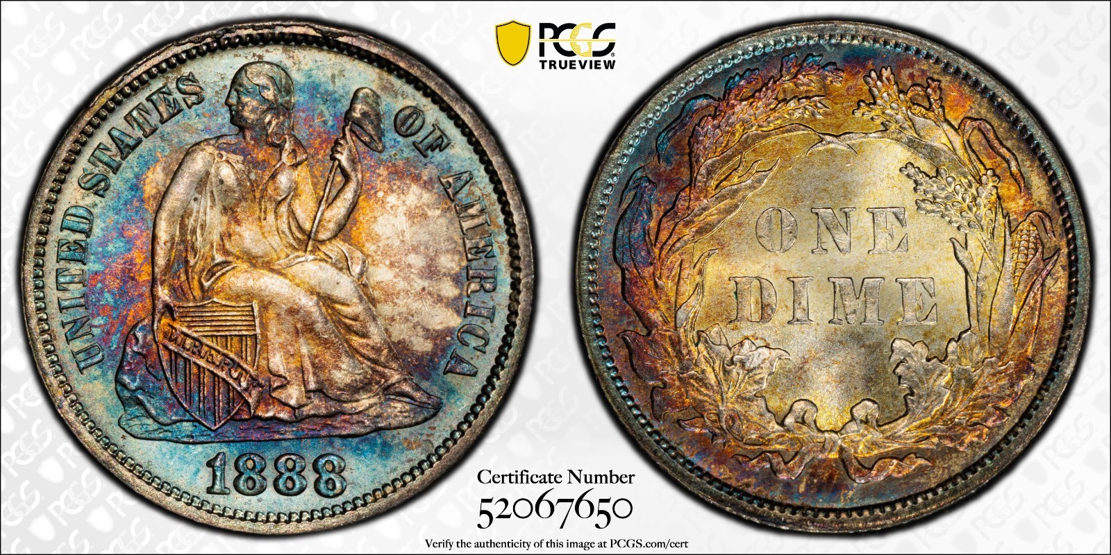 10c Seated 1888 Stunning Toner MS65 PCGS 52067650 Last 8 Low Trueview .jpg