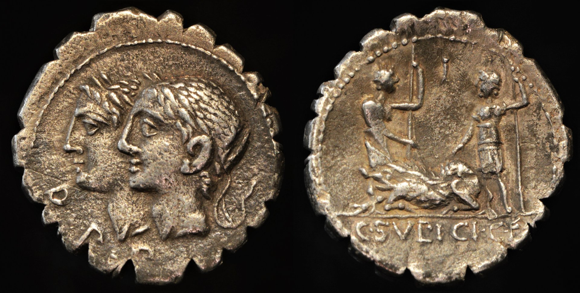 [11150] C. Sulpicius, C. f. Galba  - Rome, Italy (AR serrate denarius, 106 BC).jpg