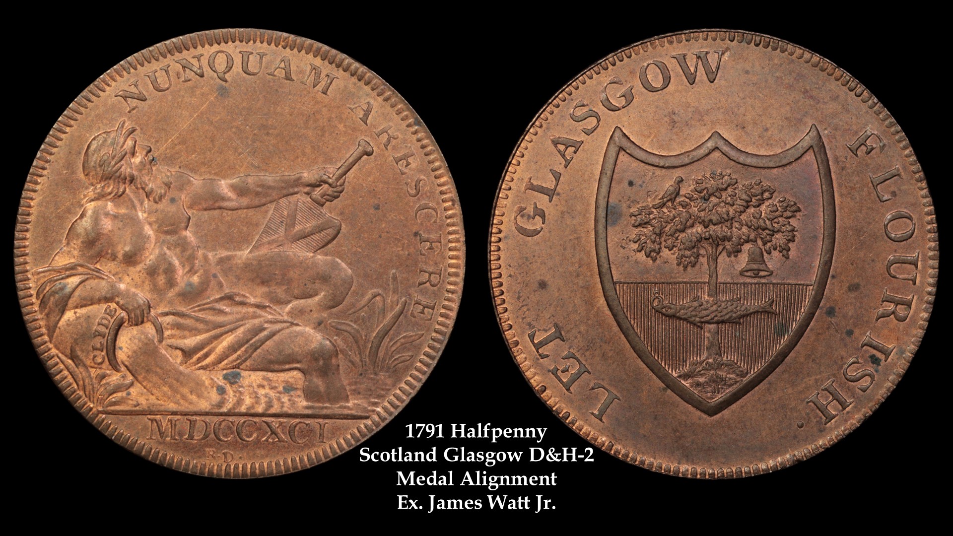 15. 1791 Scotland Galsgow D&H-2 Halfpenny (Medal Alighnment) - Ex. Watt.jpg