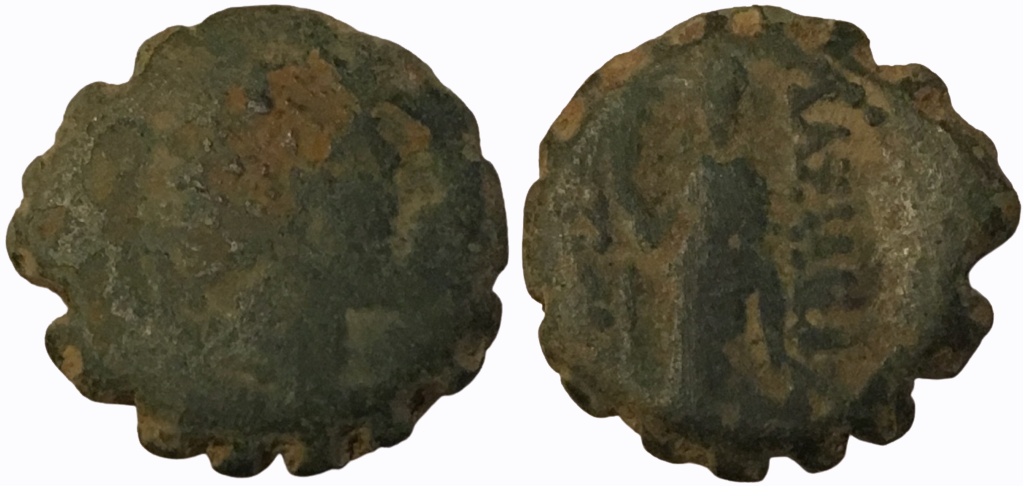 175-164 BCE AE Dichalkon Antiochus IV Epiphanes Scalloped Shape.png