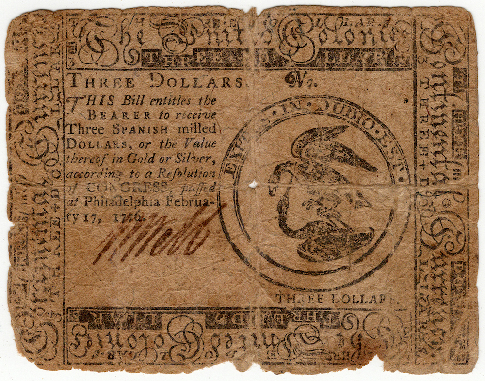 1776 Continental Currency 3 Dollar Note - Obverse.jpg