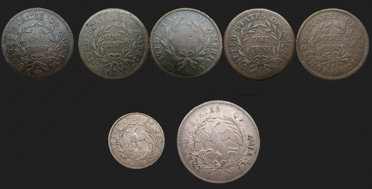 1796 SET :  cent - 5 cents - dime 1796 - dollar 1796 - REV - August 23 2025 - pic 1.png