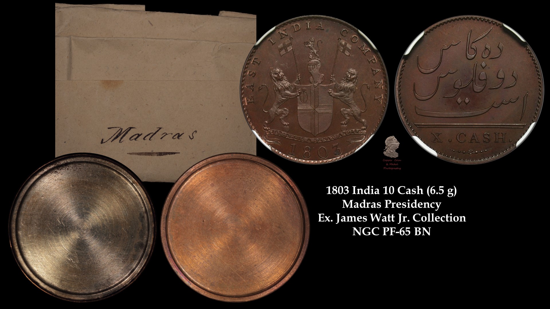 1803 India Madras 10 Cash with shells & wrapper - Ex. Watt.jpg