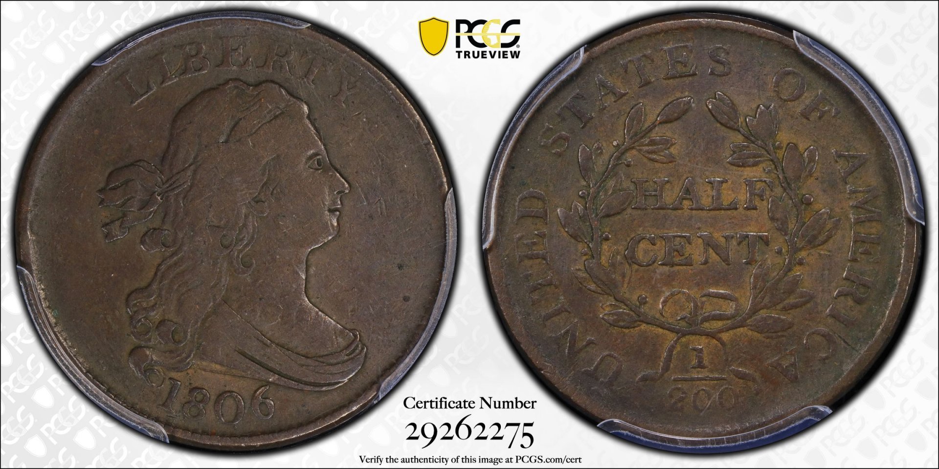 1806 0.5C Half Cent - Draped Bust SMALL 6 NO STEMS C-1 PCGS VF25BROWN 29262275 CAC TrueView Full.jpg