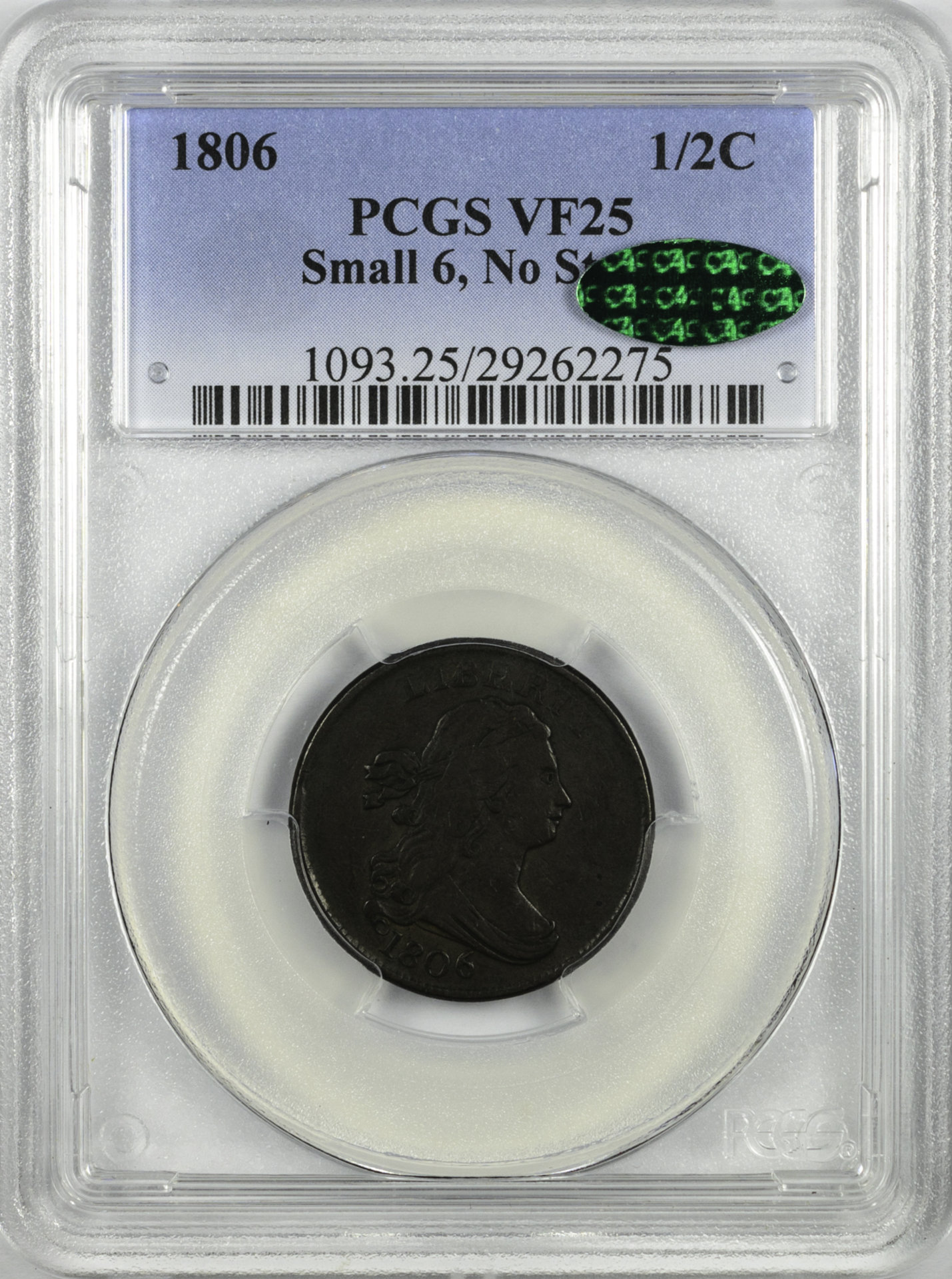 1806 HALF CENT - DRAPED BUST PCGS MS 25 SMALL 6 NO STEMS C-1, BROWN, CAC green Obv Slab-627.jpg