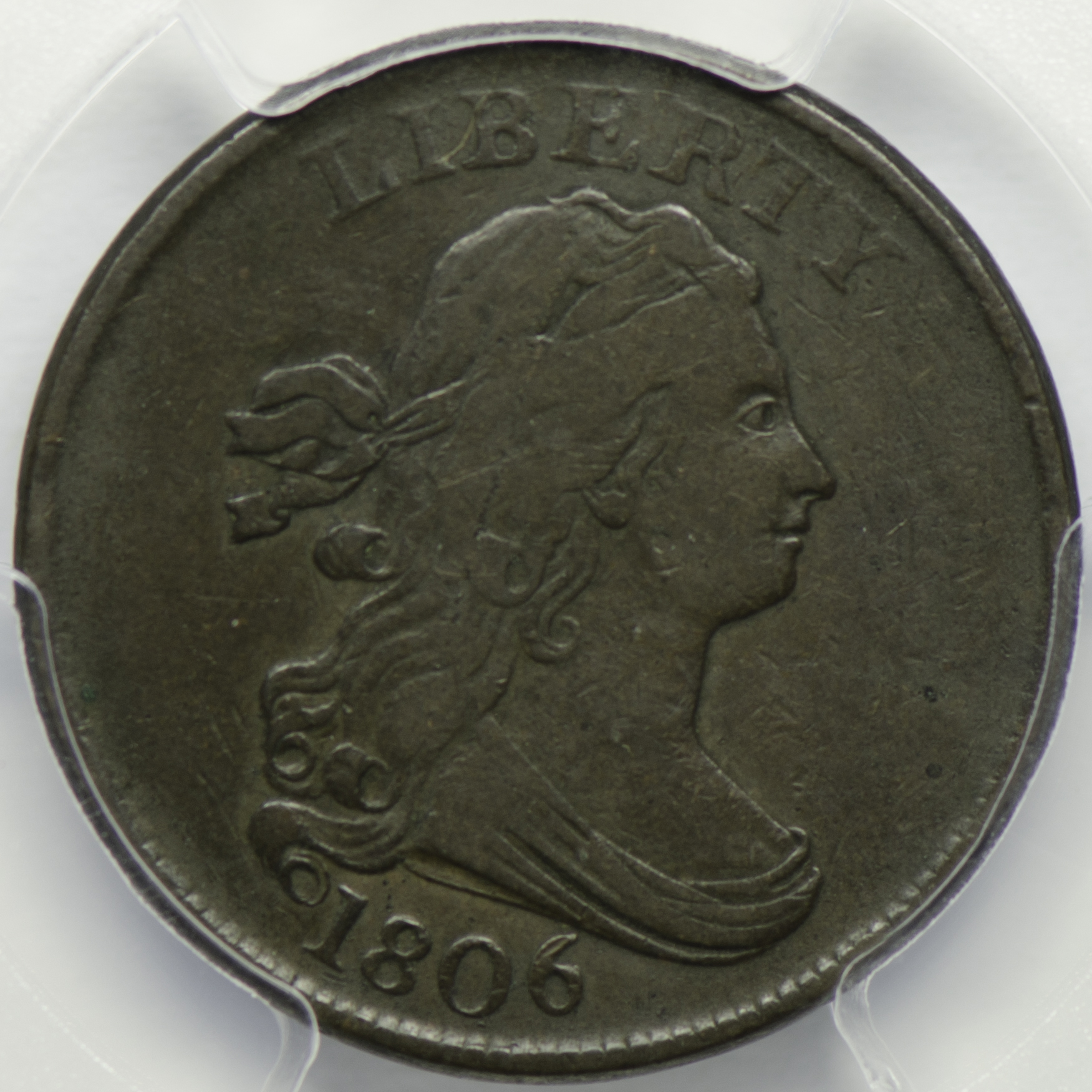 1806 HALF CENT - DRAPED BUST PCGS MS 25 SMALL 6 NO STEMS CAC green Obv closeup 105mm-643.jpg