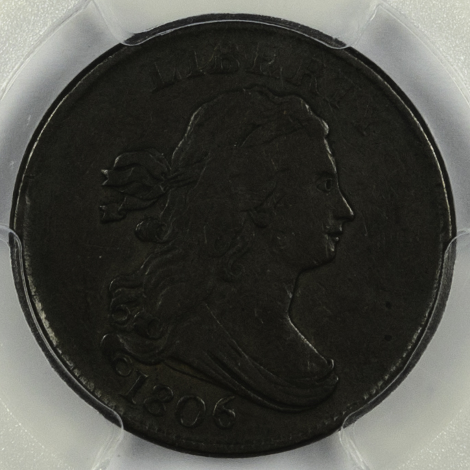 1806 HALF CENT - DRAPED BUST PCGS MS 25 SMALL 6 NO STEMS, CAC green Obv closeup 50mm.jpg