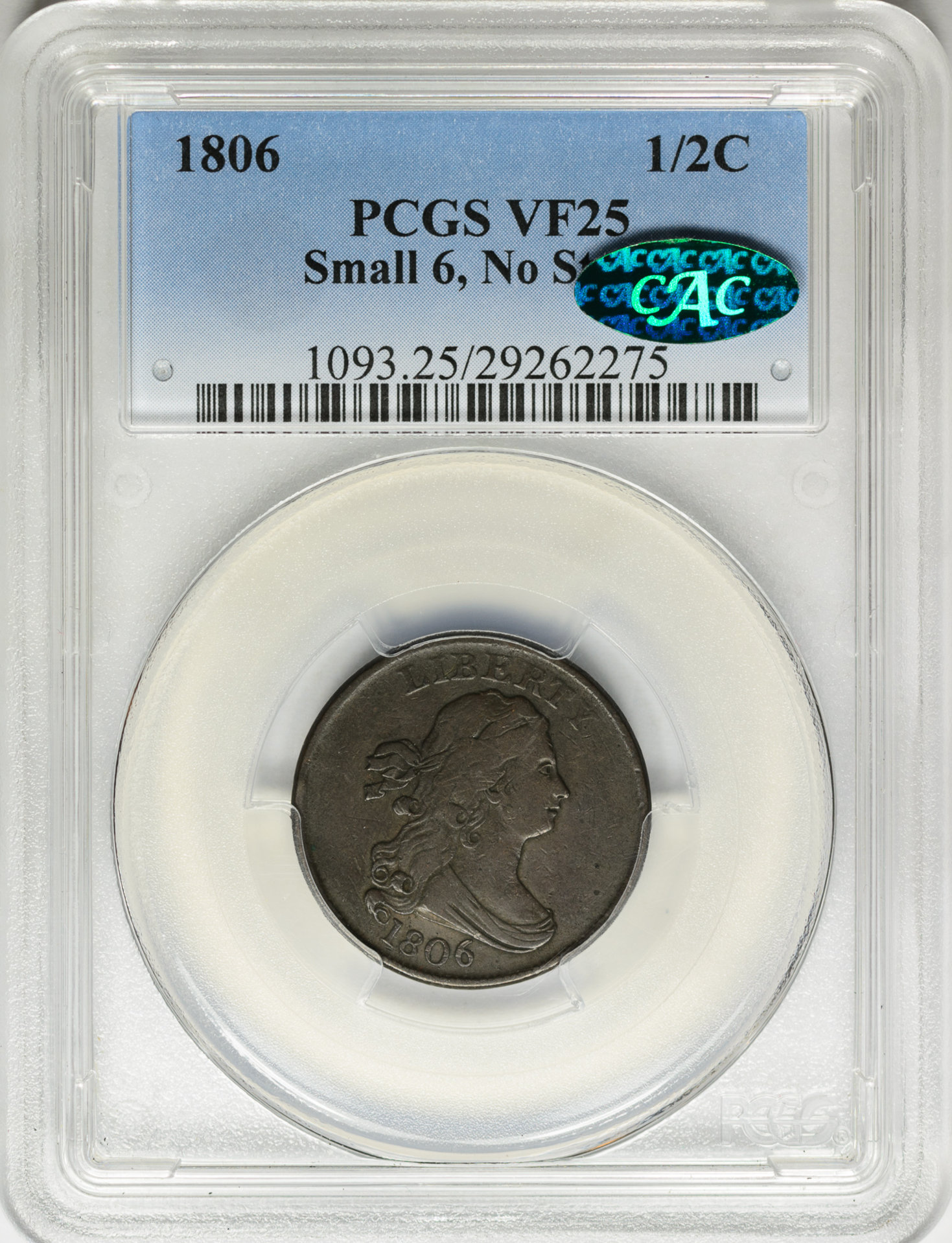 1806 HALF CENT - DRAPED BUST SMALL 6 NO STEMS C-1 PCGS VF25BROWN 29262275 CAC Obv Slab.jpg