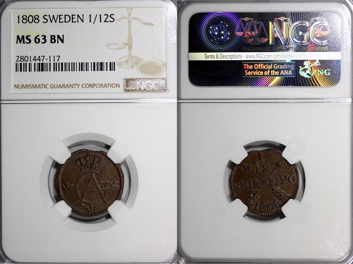 1808 Sweden Gustaf IV Adolf  1-12 Skilling NGC Ms-63 BN Last Date Type KM# 563.jpg