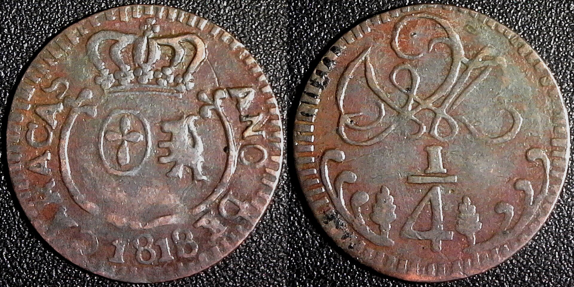 1818 Venezuela Caracas Quarter Real Royalist Coinage obv-side.jpg