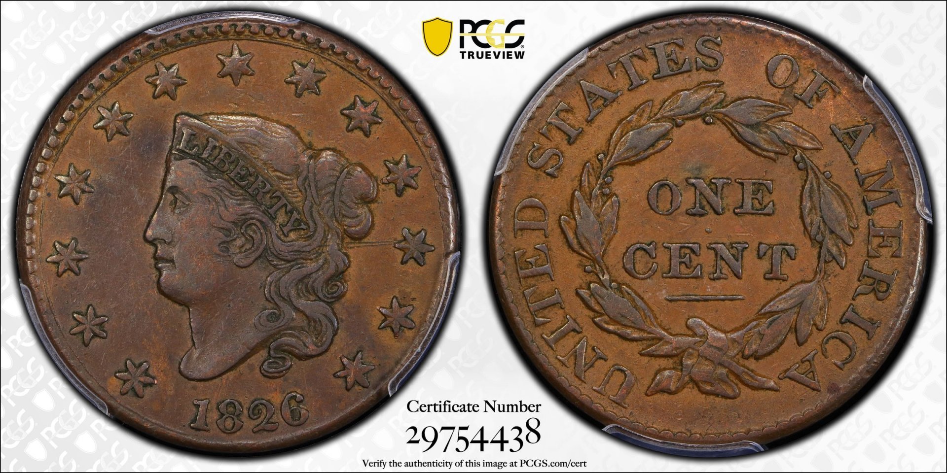 1826 1C Cent - Coronet N6 PCGS VF35 29754438 CAC TrueView Full.jpg