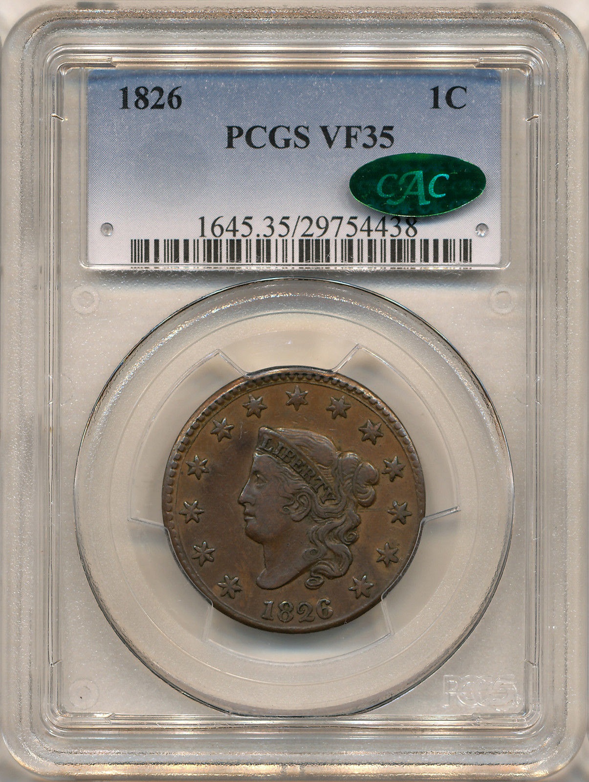 1826 1C CENT - CORONET PCGS VF35 29754438 CAC Obv Slab.jpg