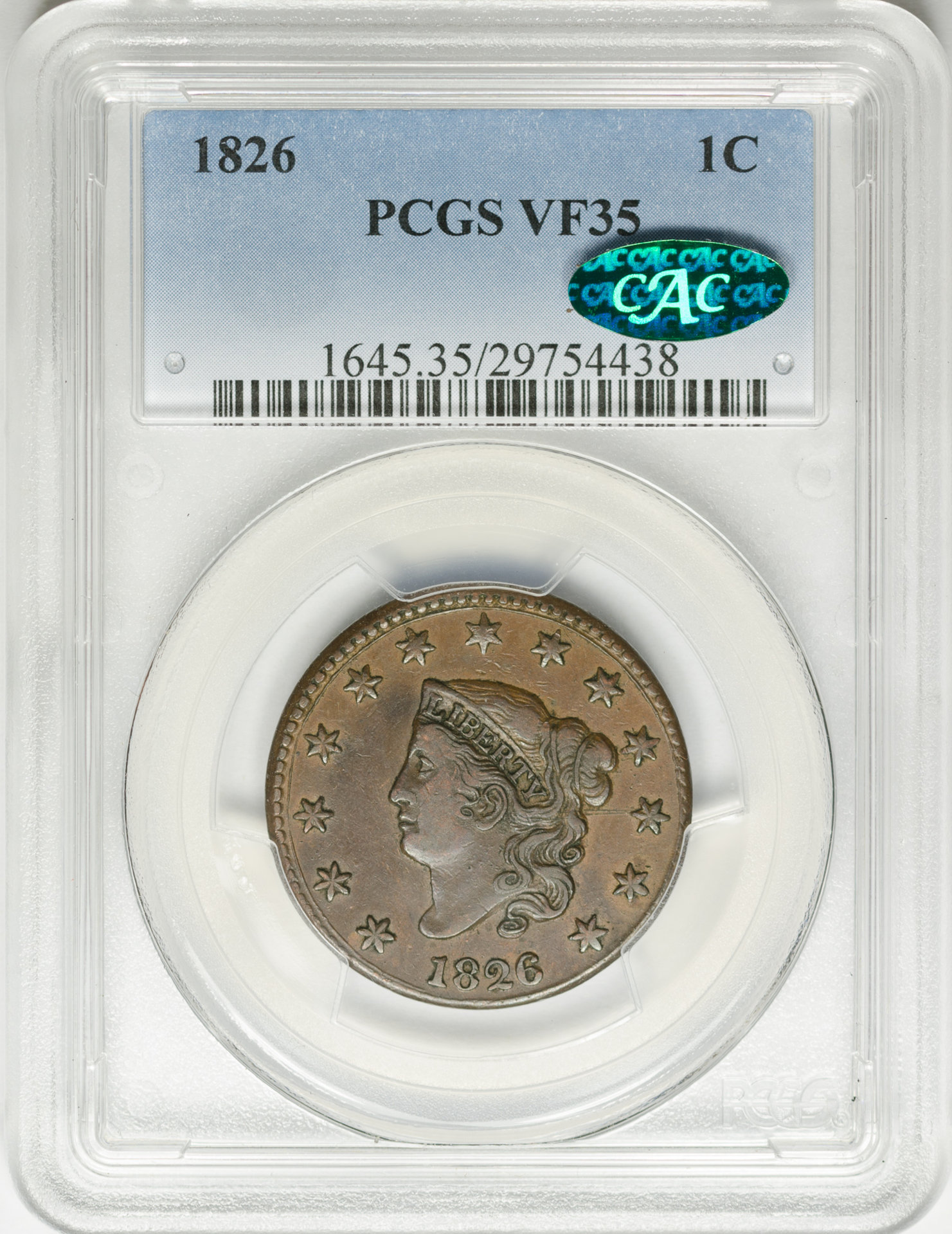 1826 1C CENT - CORONET PCGS VF35 29754438 CAC Obv Slab v2.jpg