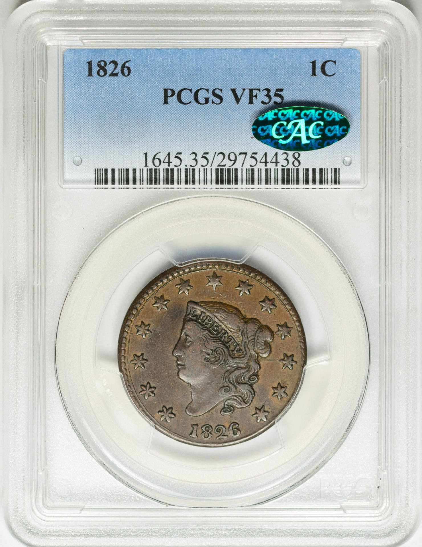 1826 1C CENT - CORONET PCGS VF35 29754438 CAC Obv Slab v2.jpg