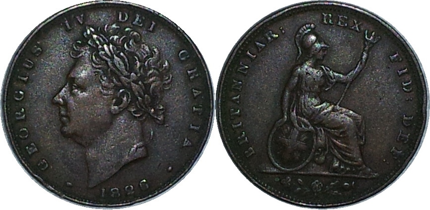 1826 Great Britain George IV Farthing Obv-horz.jpg