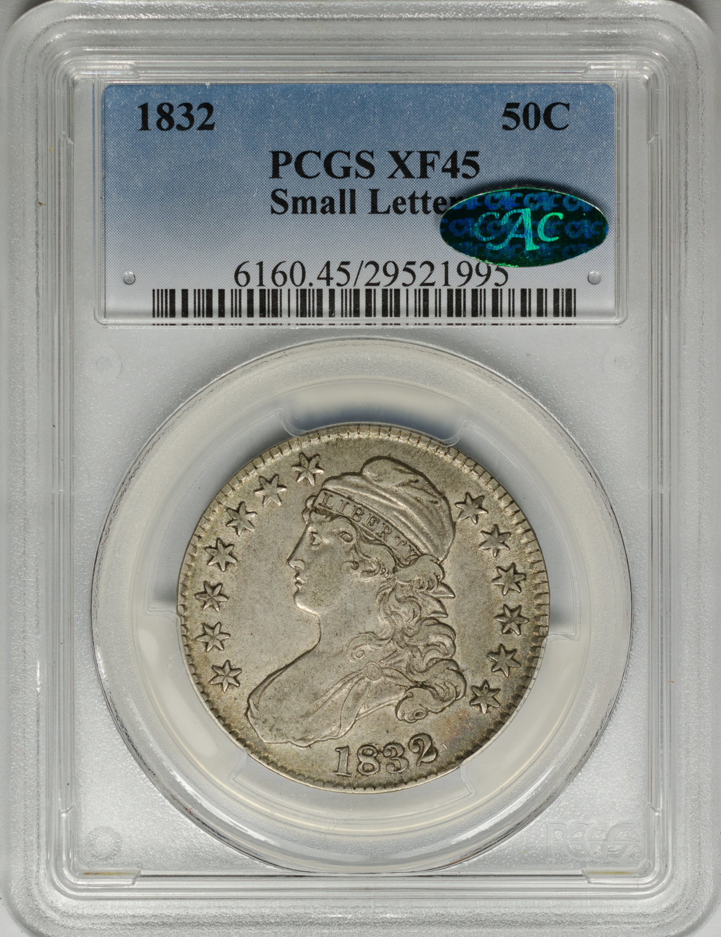 1832 50C HALF DOLLAR CAPPED BUST LETTERED EDGE SM LTRS O-110 PCGS XF45 29521995 CAC Obv Slab v2.jpg