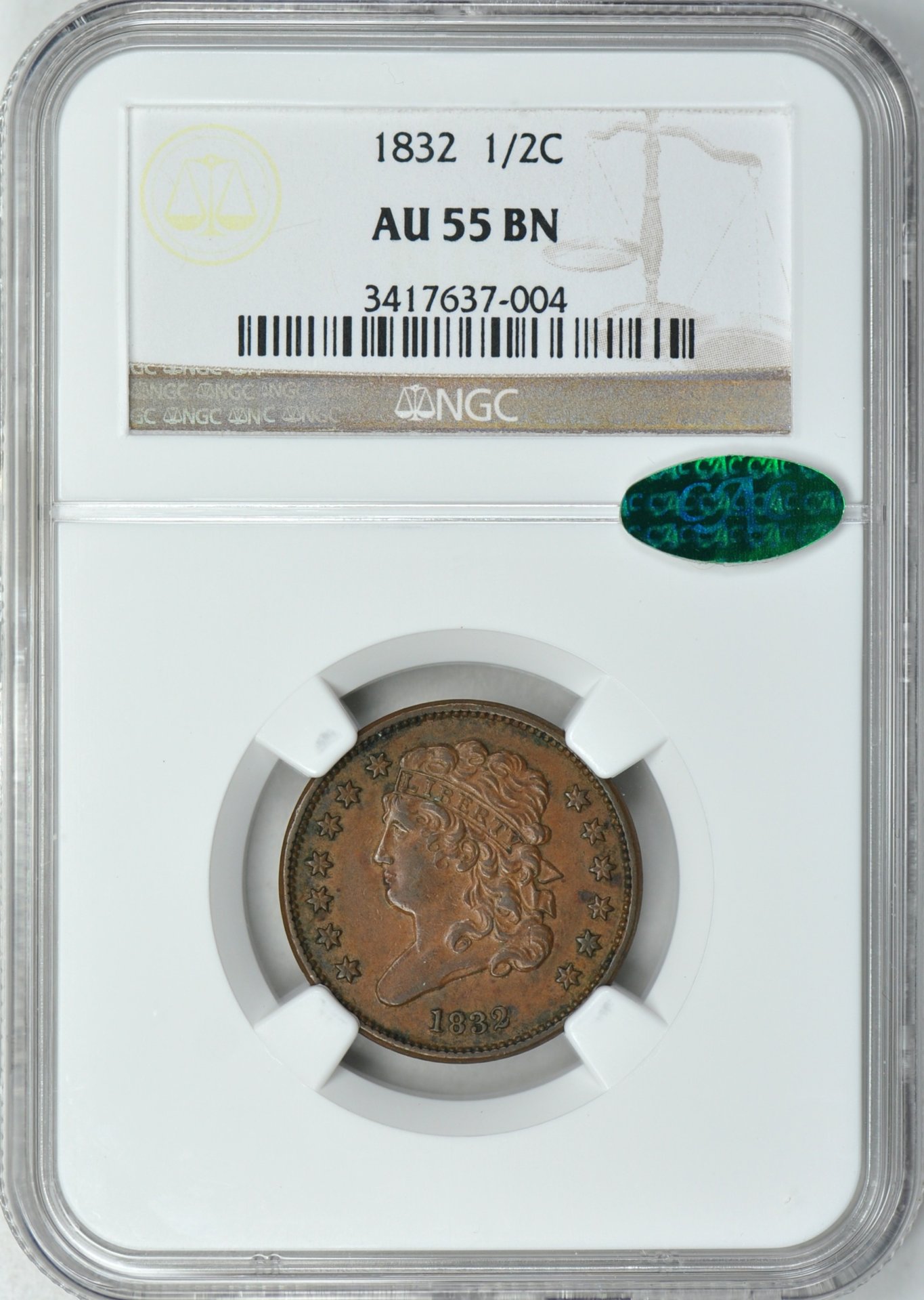 1832 H1C HALF CENT - CLASSIC HEAD NGC AU55BROWN 3417637-004 CAC Obv Slab.jpg