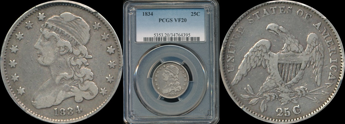 1834-P Capped Bust Silver Quarter 25C PCGS VF 20 Type 2, Small Size 1a-horz.jpg