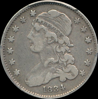 1834-P Capped Bust Silver Quarter 25C PCGS VF 20 Type 2, Small Size 1a.jpg