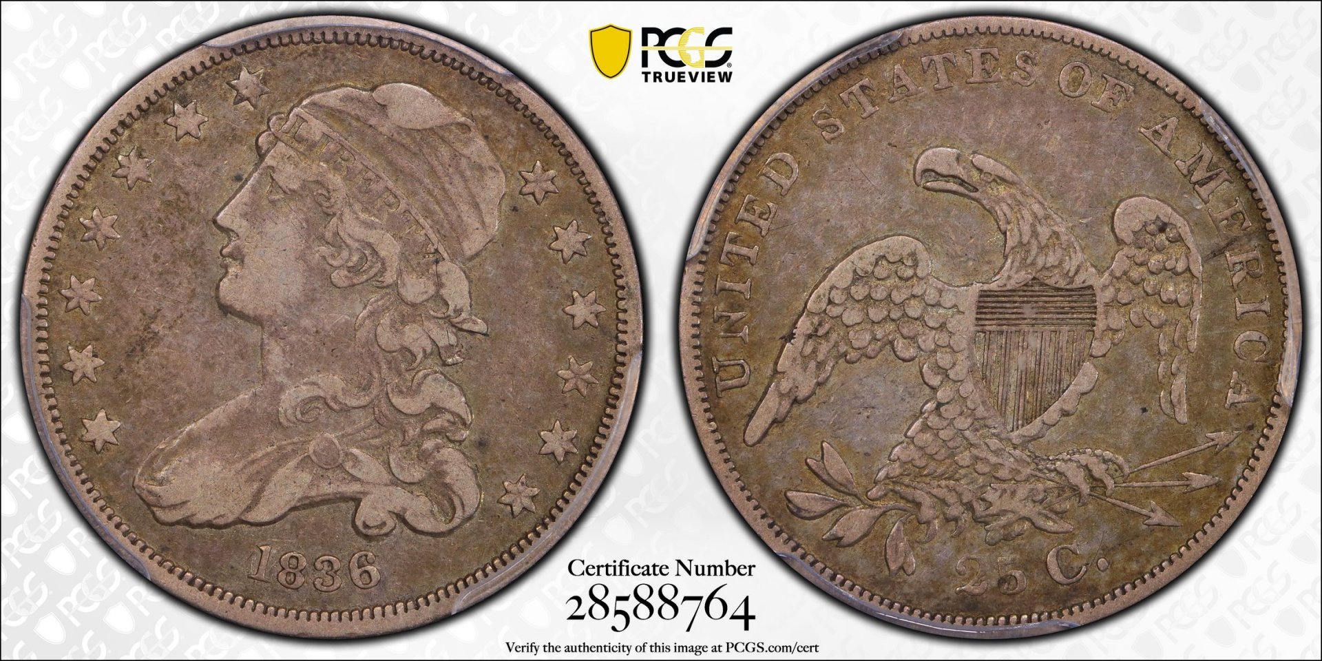 1836 25C Quarter Dollar - Capped Bust, Small Size PCGS VF30 28588764 CAC TrueView Full.jpg