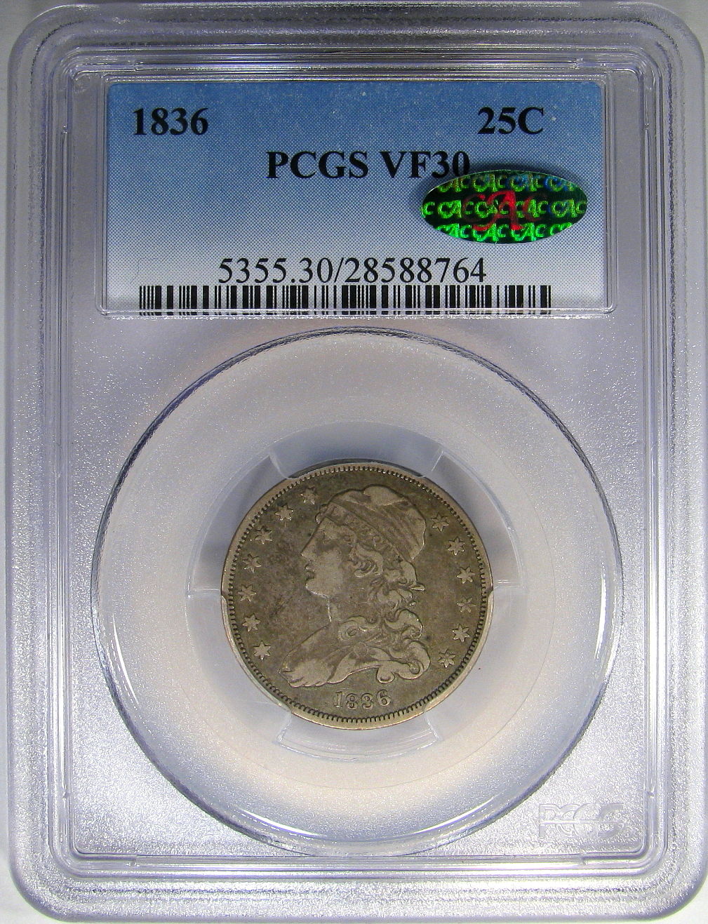 1836 25C VF 30 PCGS 28588764 CAC Obv Slab Seller.jpg
