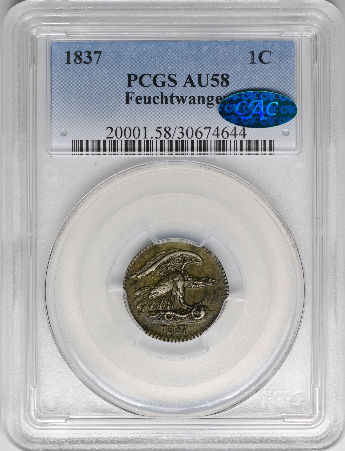 1837 1C HARD TIMES TOKEN, 1837 NY FEUCHTWANGER COMP PCGS AU58 30674644 CAC Obv Slab.jpg