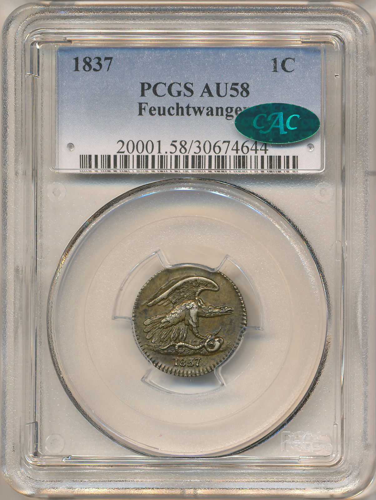 1837 1C HARD TIMES TOKEN, 1837 NY FEUCHTWANGER HT-268(6G) PCGS AU58 30674644 CAC Obv Slab Seller.jpg