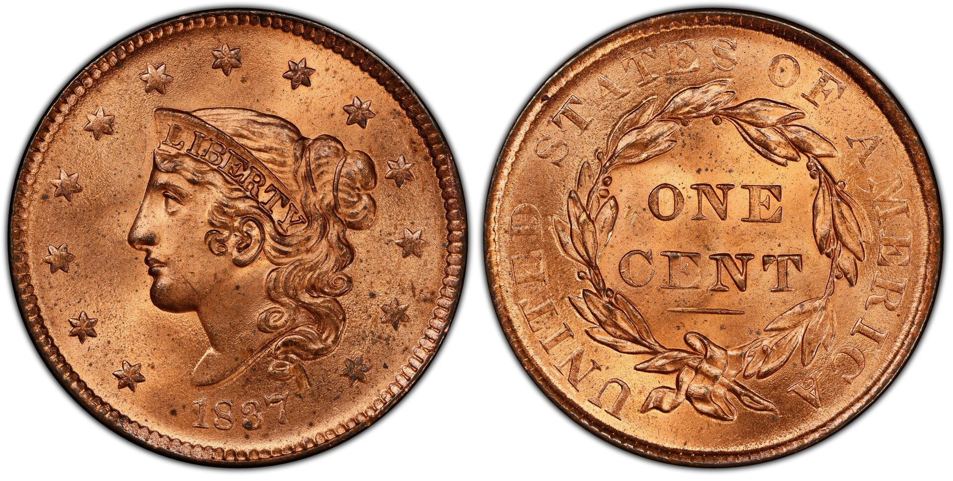 1837 Large Cent, MS65+RD, $35,650, Goldbergs, Mintage 5,558,300, Feb. 1, 2009.jpg