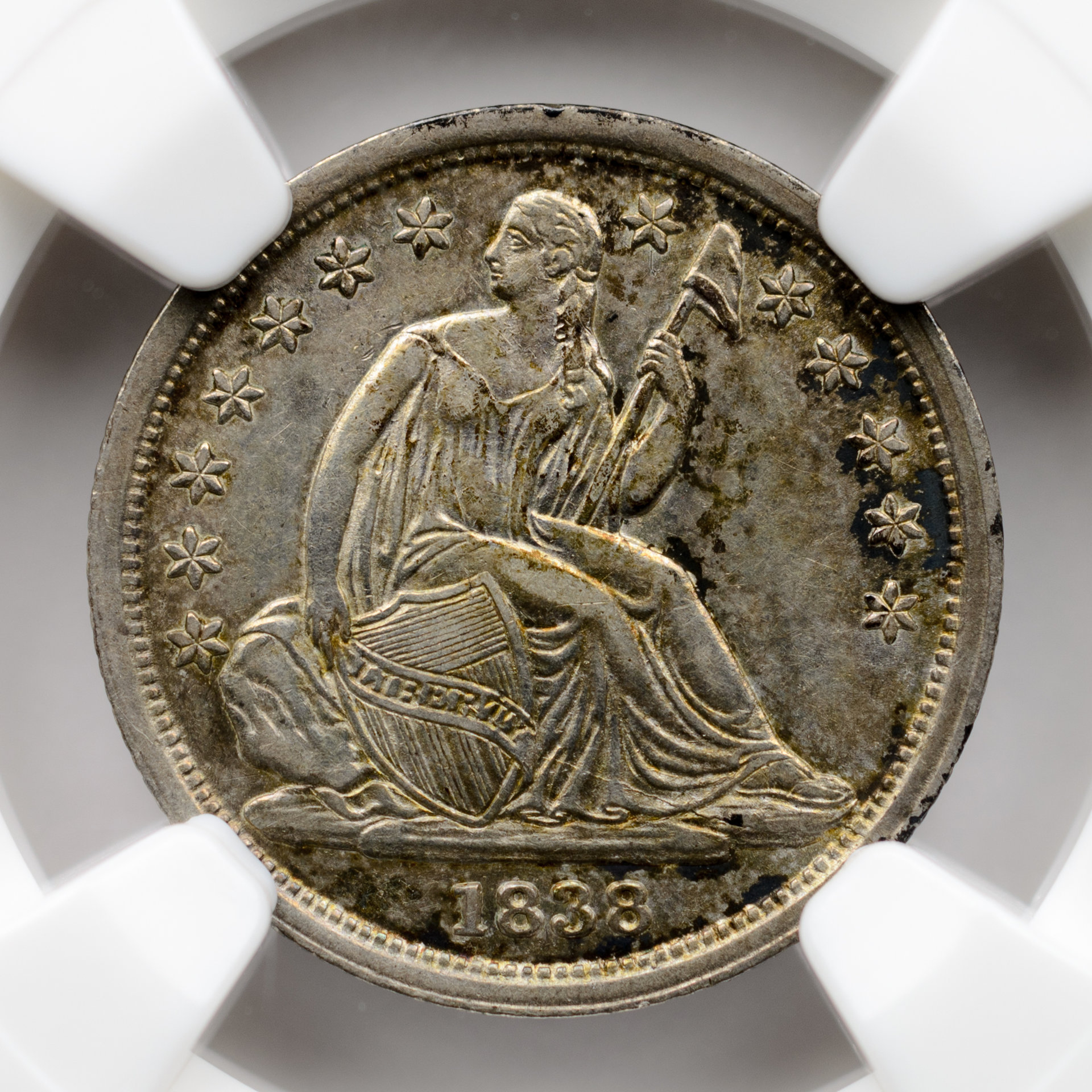 1838 10C DIME - SEATED LIBERTY, NO DRAPERY LARGE STARS NGC AU55 3755614-012 CAC Obv Closeup.jpg