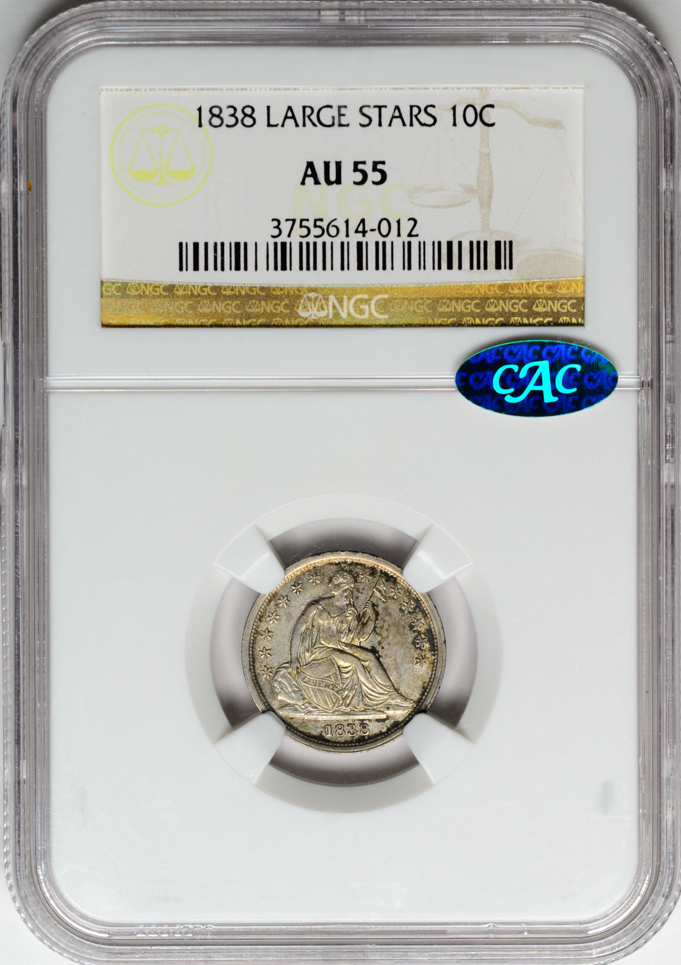 1838 10C DIME - SEATED LIBERTY, NO DRAPERY LARGE STARS NGC AU55 3755614-012 CAC Obv Slab.jpg