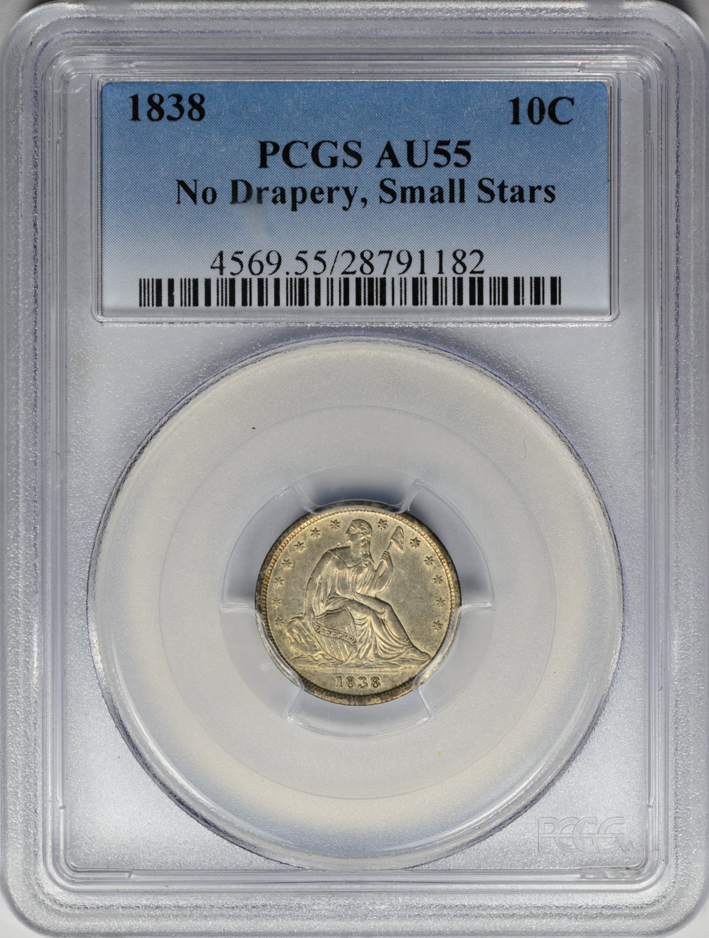 1838 10C MS55 PCGS NO DRAPERY, SMALL STARS 28791182 Obv Slab.JPG
