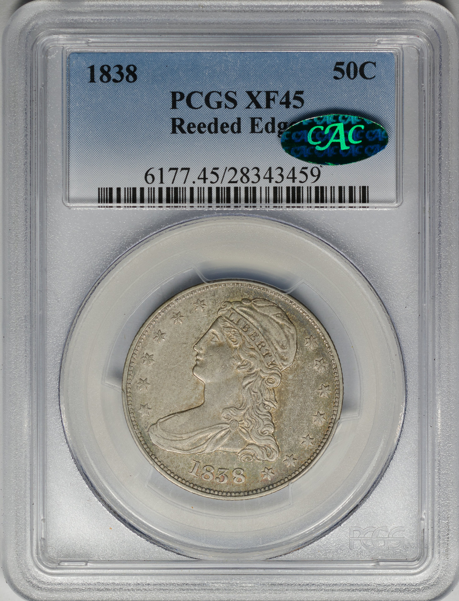 1838 50C HALF DOLLAR - CAPPED BUST, REEDED EDGE PCGS XF45 28343459 CAC Obv Slab v2.jpg