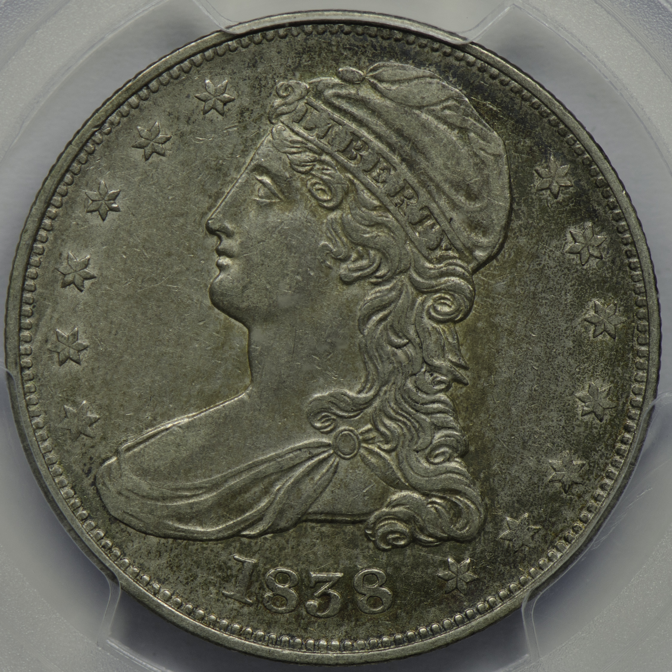 1838 HALF DOLLAR - CAPPED BUST, REEDED EDGE PCGS MS 45, CAC 50C Obv closeup f8 105mm-653.jpg