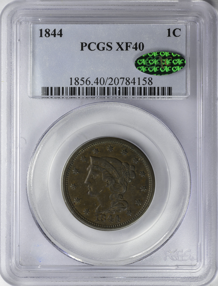 1844 1C CENT - CORONET, BRAIDED HAIR PCGS XF40BROWN 20784158 CAC Obv Slab.jpg