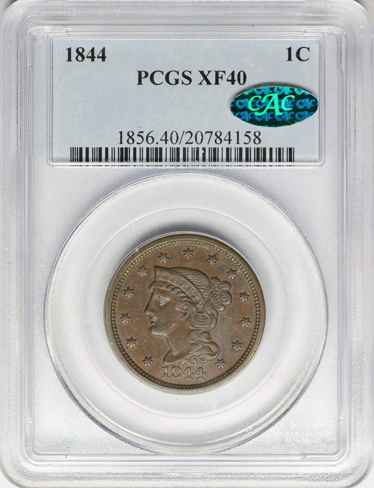 1844 1C CENT - CORONET, BRAIDED HAIR PCGS XF40BROWN 20784158 CAC Obv Slab V2.jpg