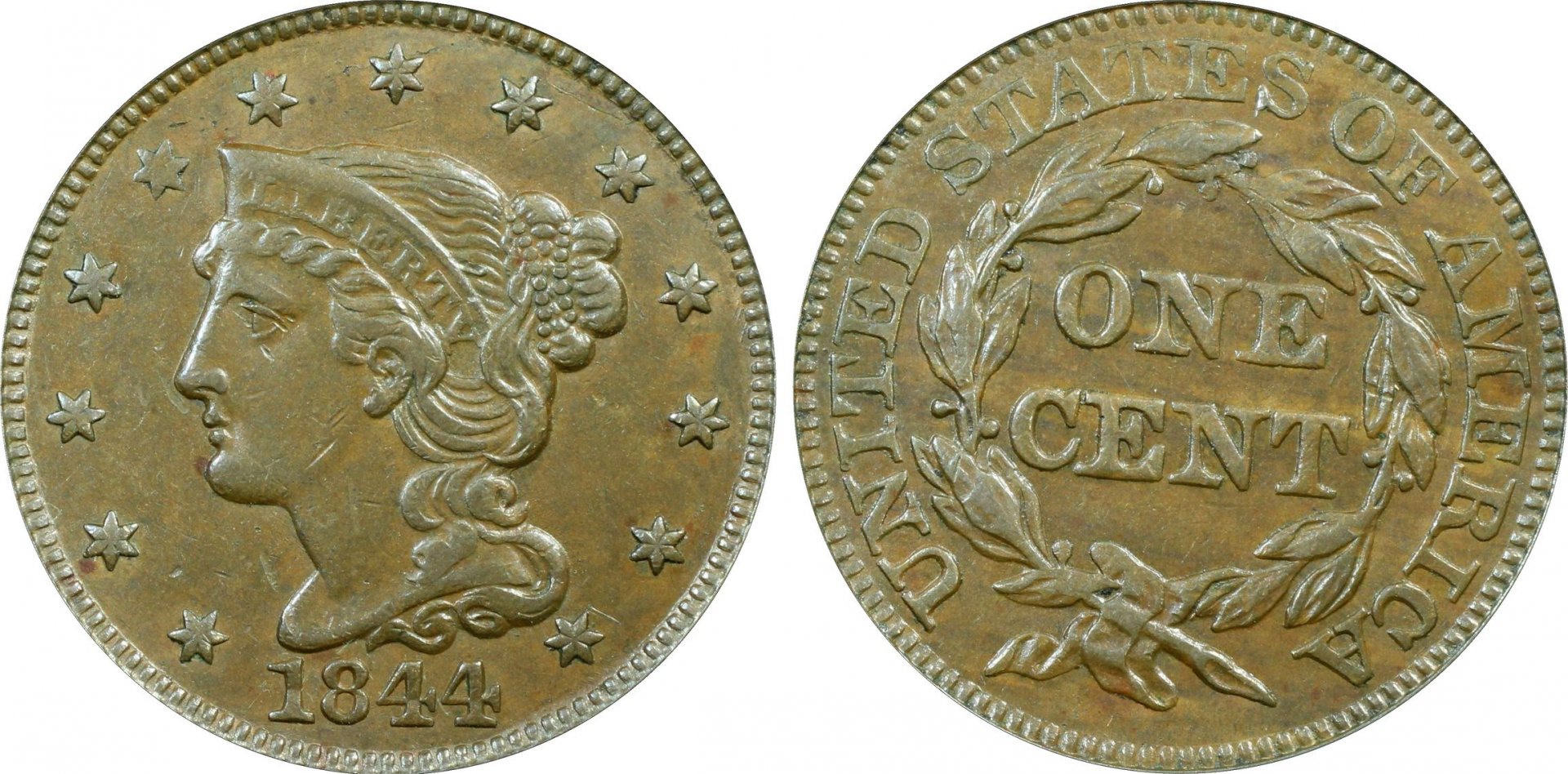 1844 1C CENT - CORONET, BRAIDED HAIR PCGS XF40BROWN 20784158 CAC PCGS Site Images.jpg
