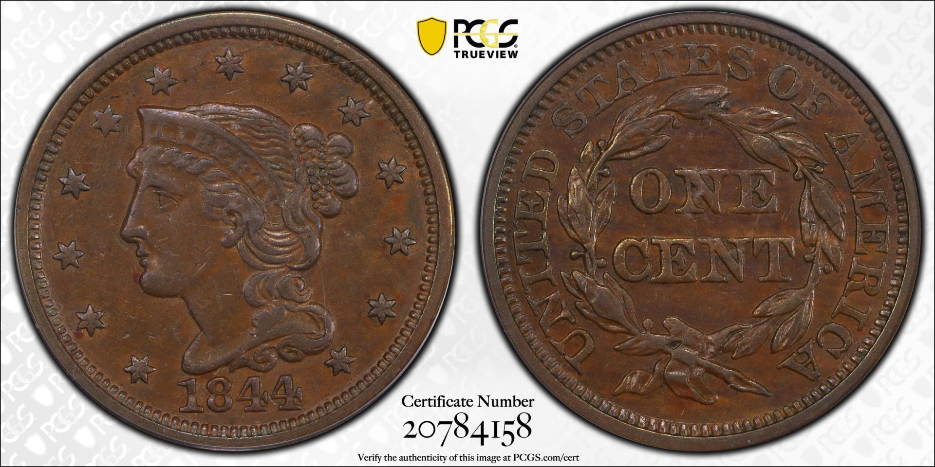 1844 1C Cent - Coronet, Braided Hair PCGS XF40BROWN 20784158 CAC TrueView Full.jpg