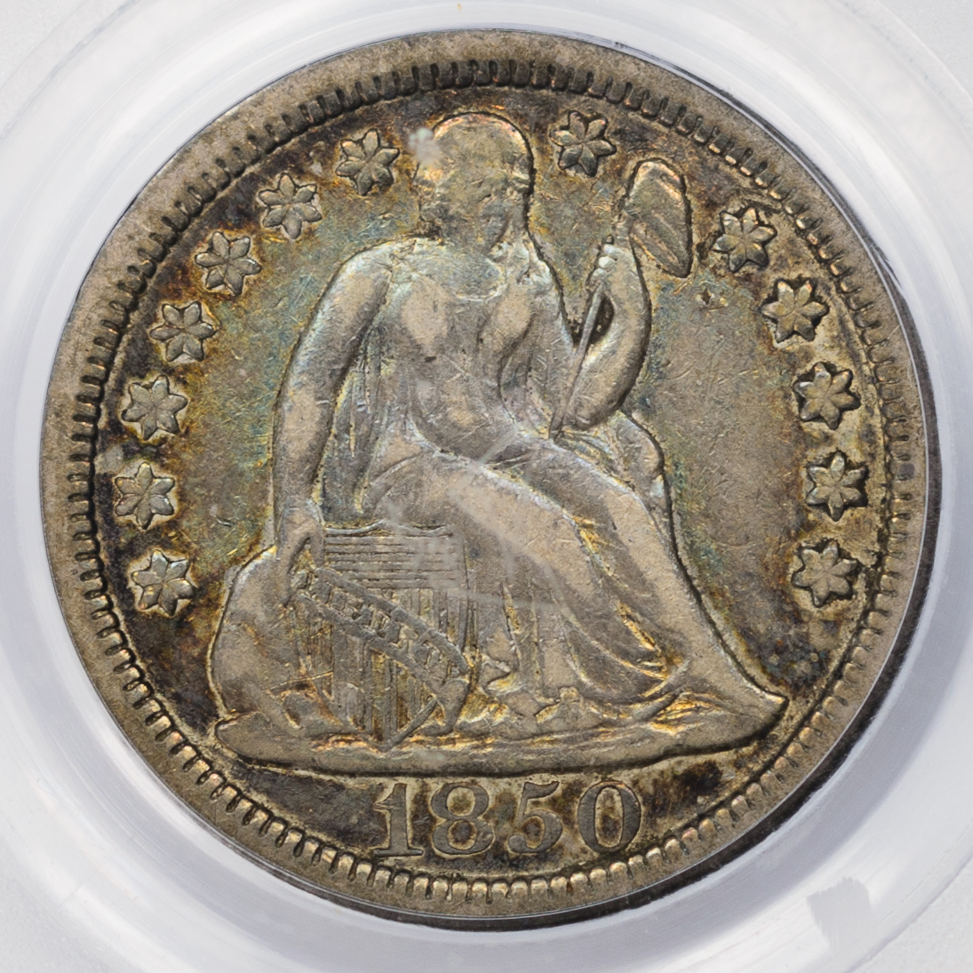 1850 10C DIME - SEATED LIBERTY, STARS OBVERSE PCGS XF40 18246516 CAC Obv Closeup.jpg