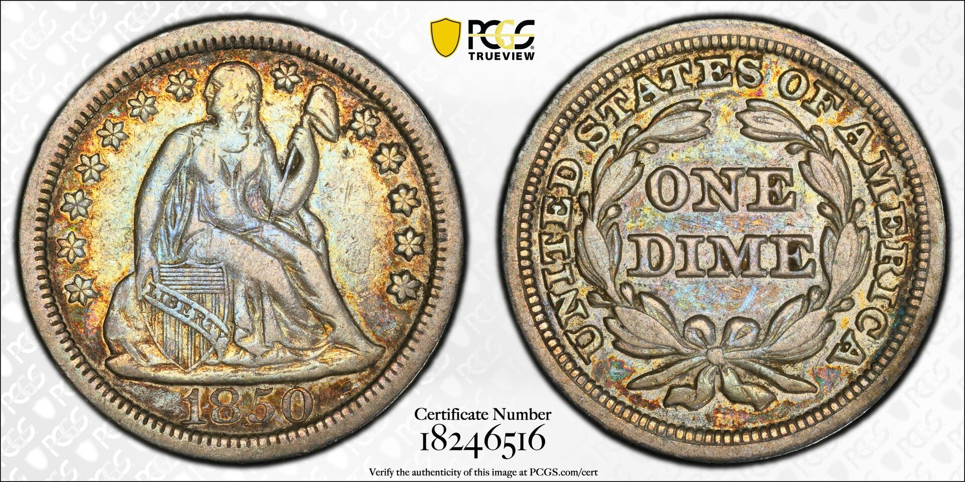 1850 10C DIME - SEATED LIBERTY, TYPE 3, STARS OBVERSE PCGS XF40 18246516 CAC TrueView.jpg