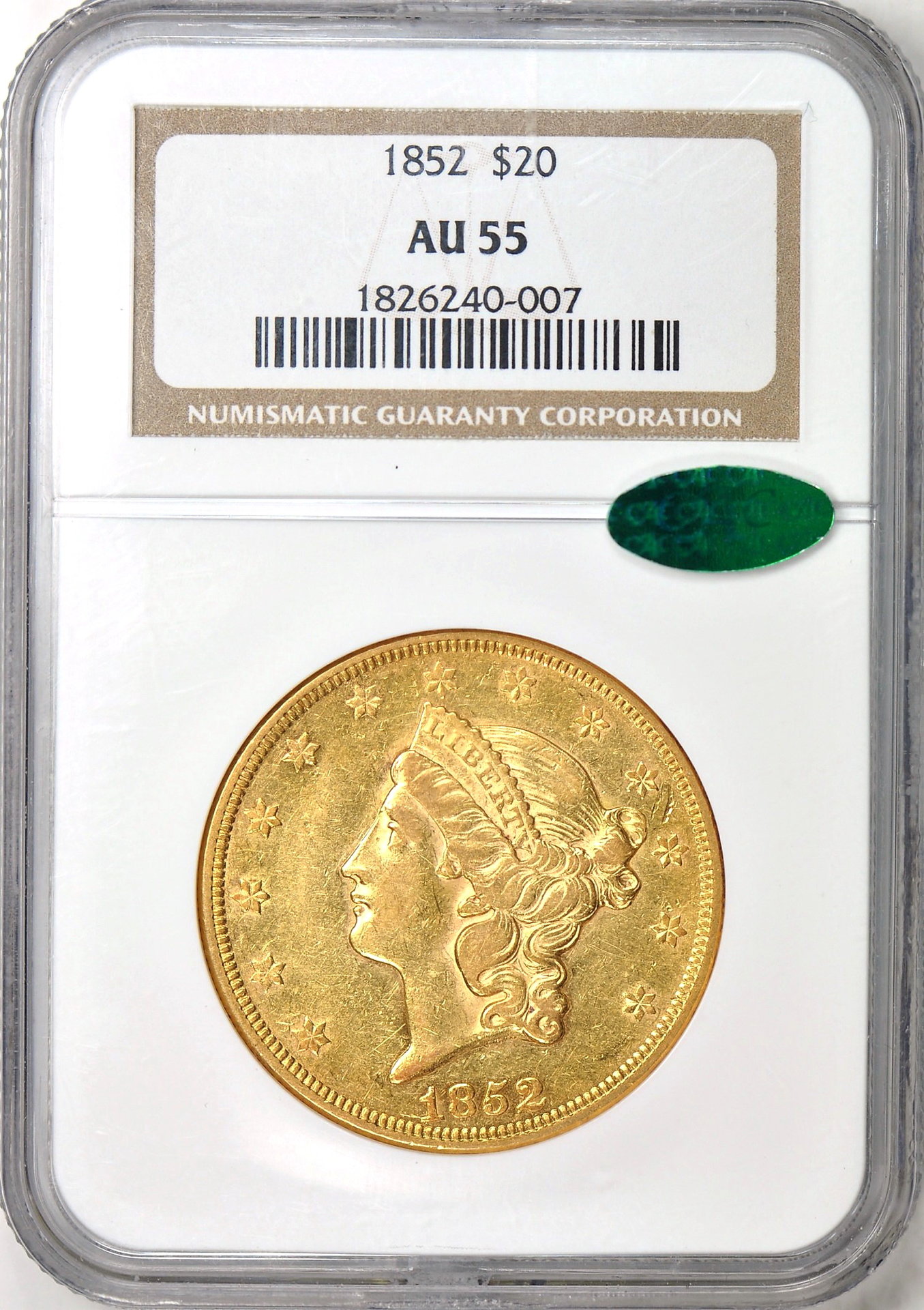 1852 $20 AU55 obv. CAC.jpg