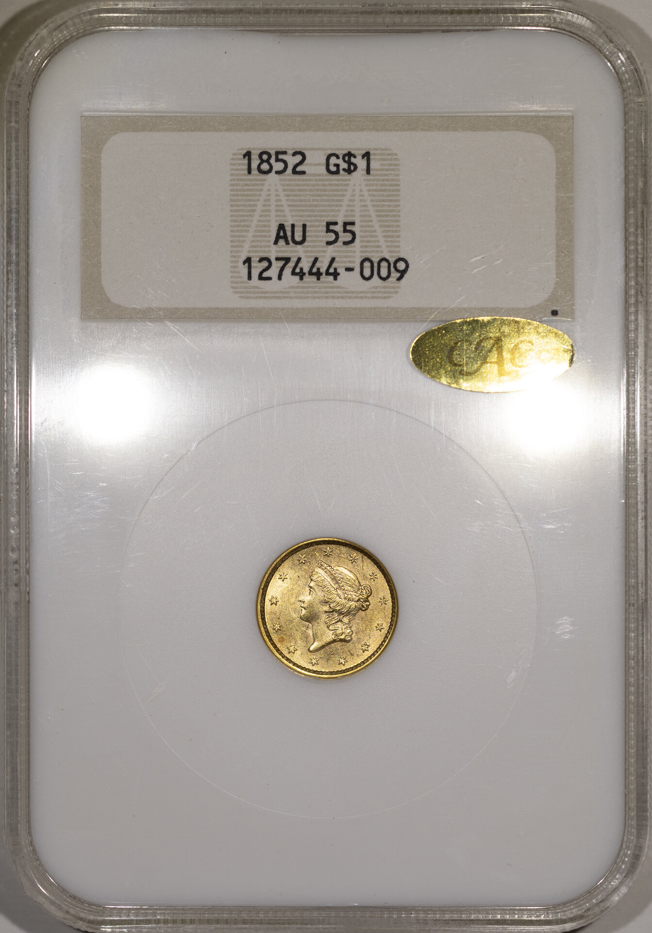 1852 $G$1 GOLD DOLLAR - TYPE 1 NGC AU55 127444-009 CAC gold Obv Slab New Macro.jpg