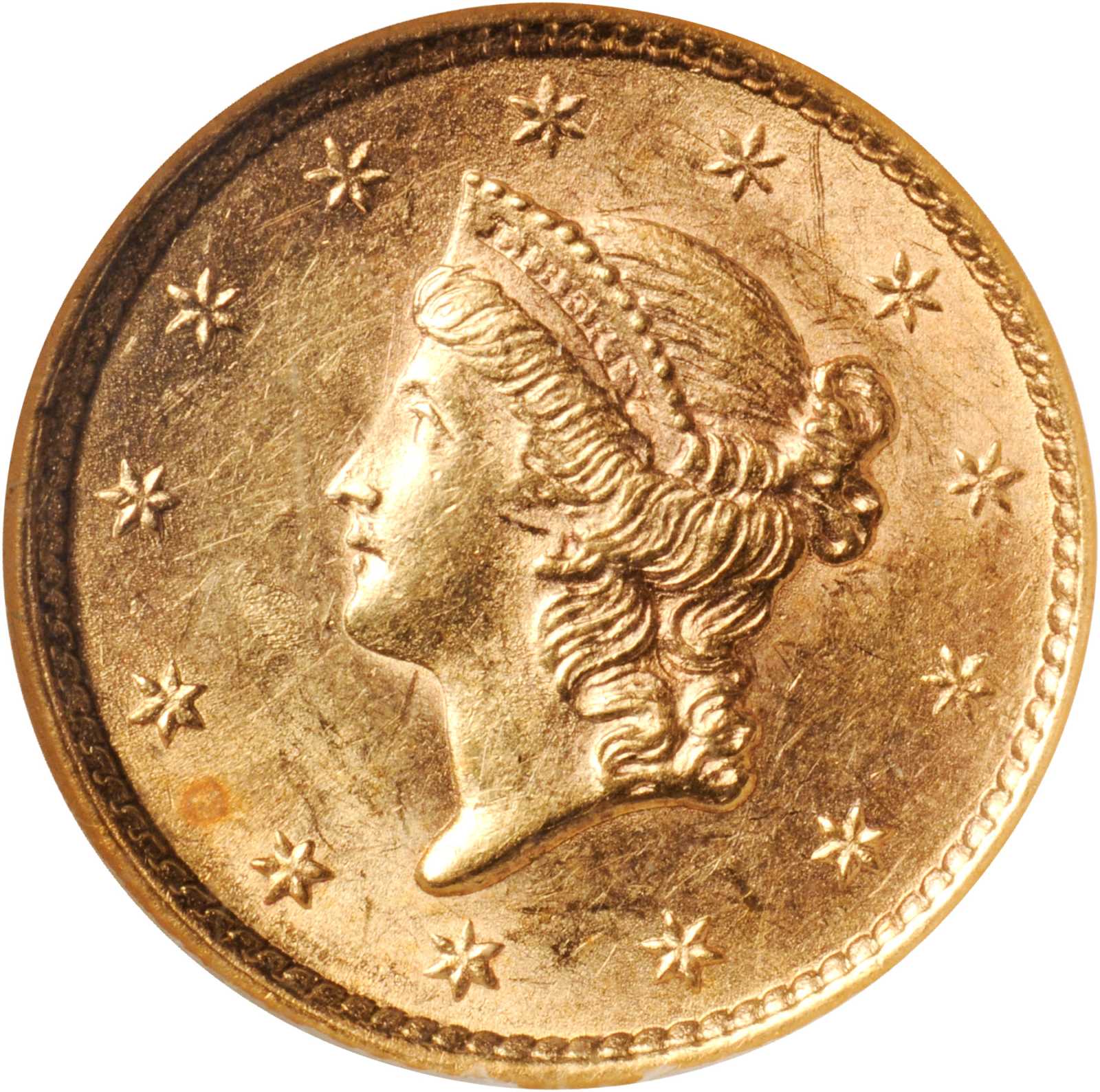 1852 $G1 GOLD DOLLAR TYPE 1 NGC AU55 127444-009 CAC gold Obv Closeup.jpg