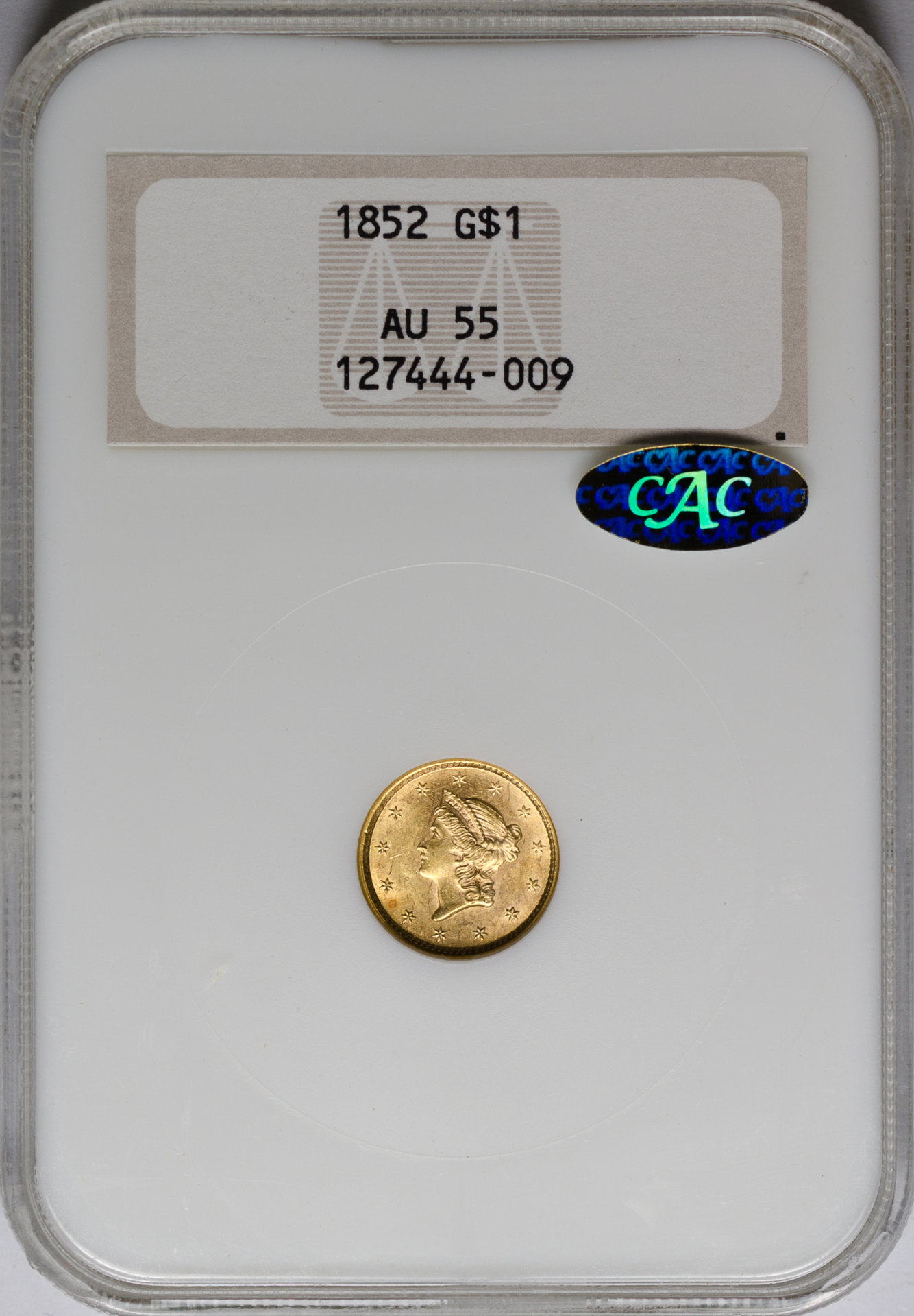 1852 $G1 GOLD DOLLAR TYPE 1 NGC AU55 127444-009 CAC gold Obv Slab.jpg