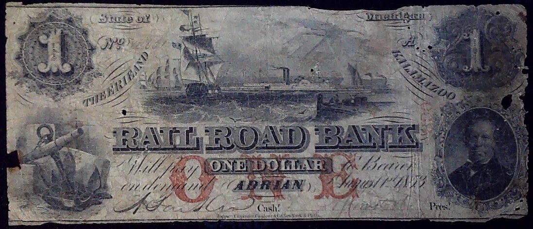 1853 $1.00 Railroad Bank Kalamazoo, Mi. obv..jpg
