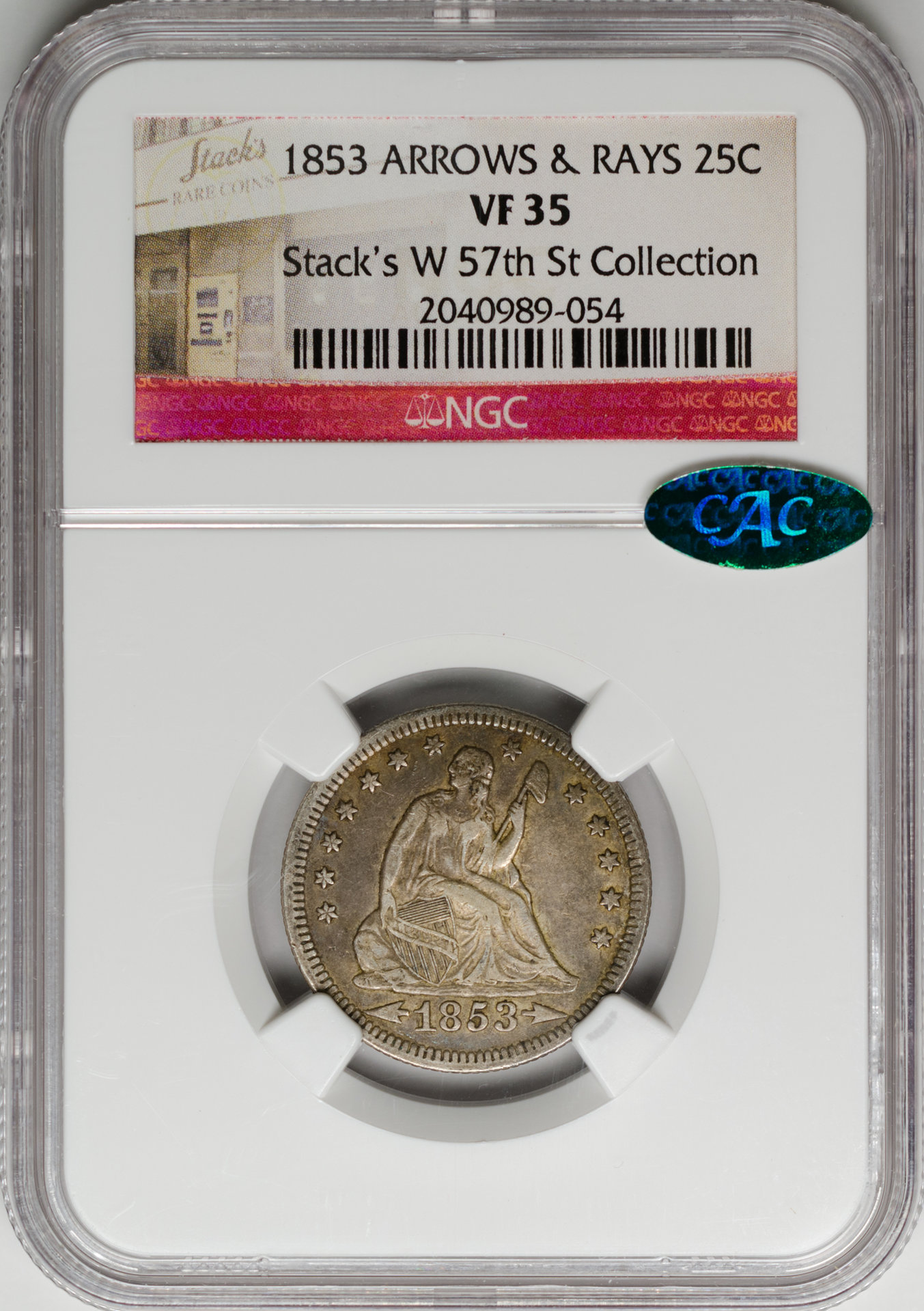 1853 25C QUARTER DOLLAR - SEATED LIBERTY, ARROWS & RAYS NGC VF35 2040989-054 CAC Obv Slab.JPG