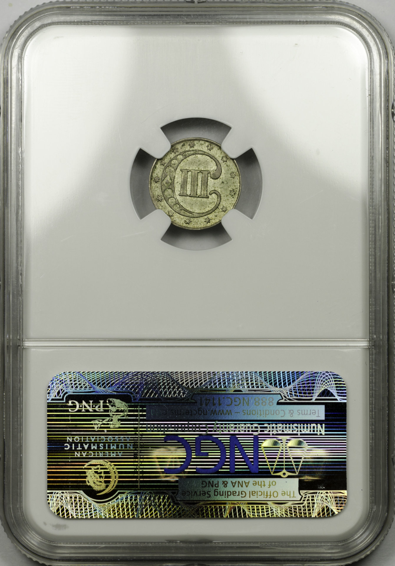 1853 3CS THREE-CENT PIECE - SILVER, TYPE 1 NGC AU58 2043913-028 CAC Rev Slab.JPG.JPG