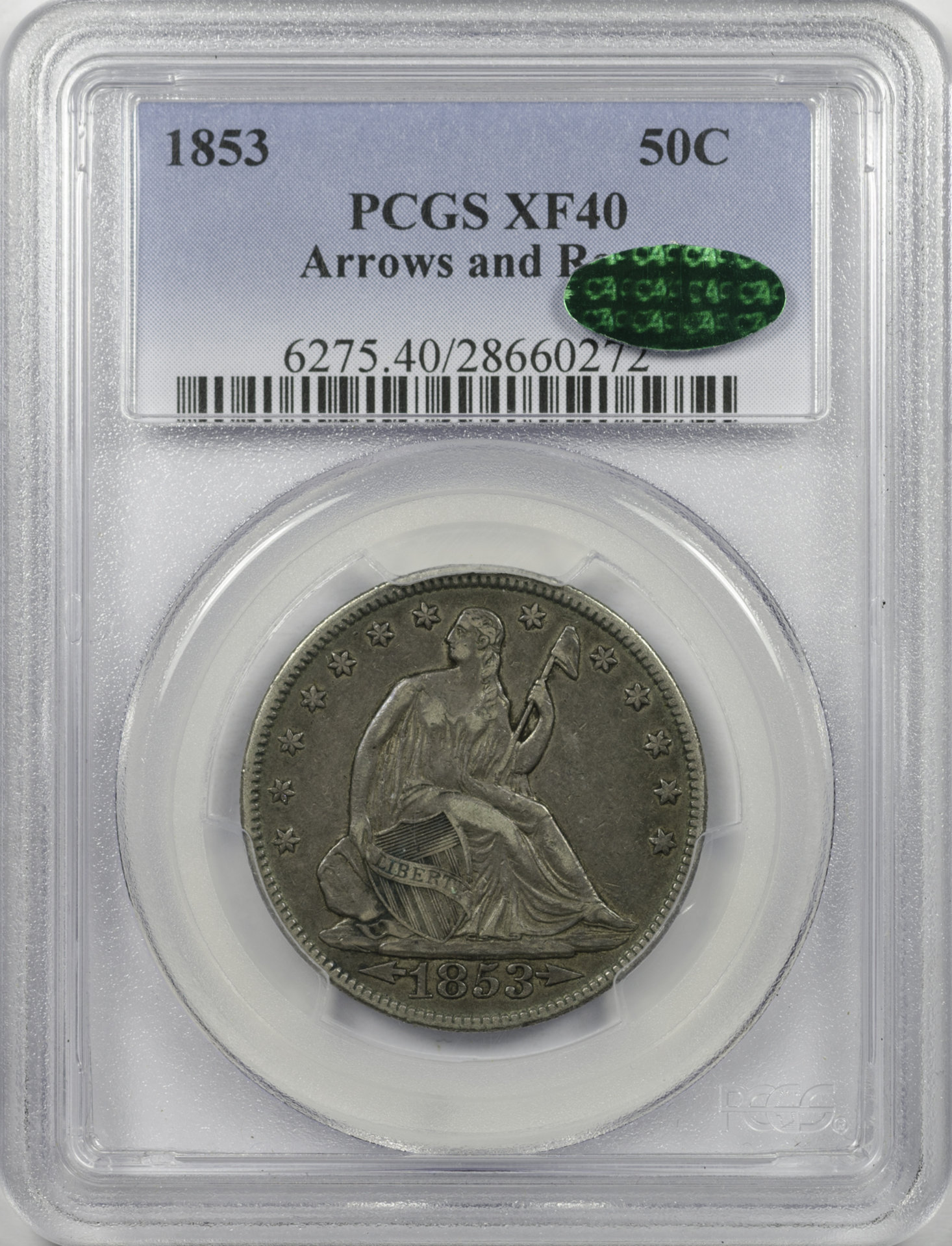 1853 50C HALF DOLLAR - SEATED LIBERTY, ARROWS & RAYS PCGS XF40 28660272 CAC Obv Slab.JPG
