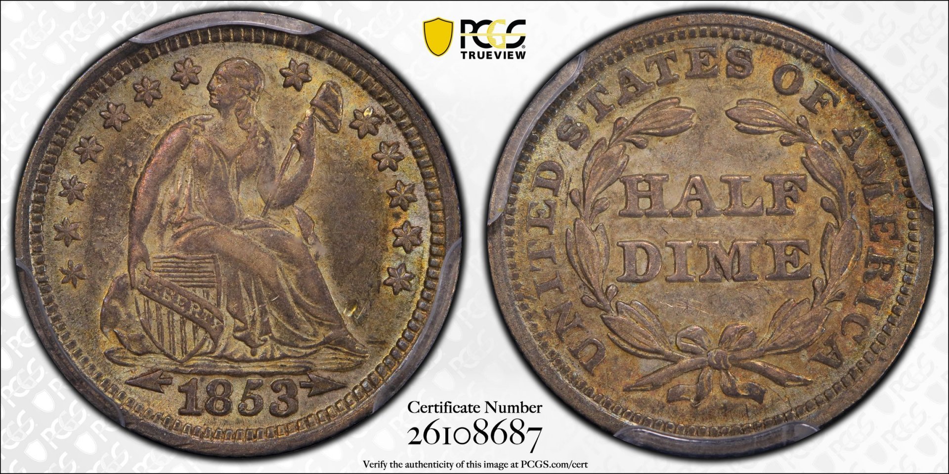 1853 5C Half Dime - Seated Liberty, Stars Obverse ARROWS PCGS AU53 26108687 CAC TrueView Full.jpg