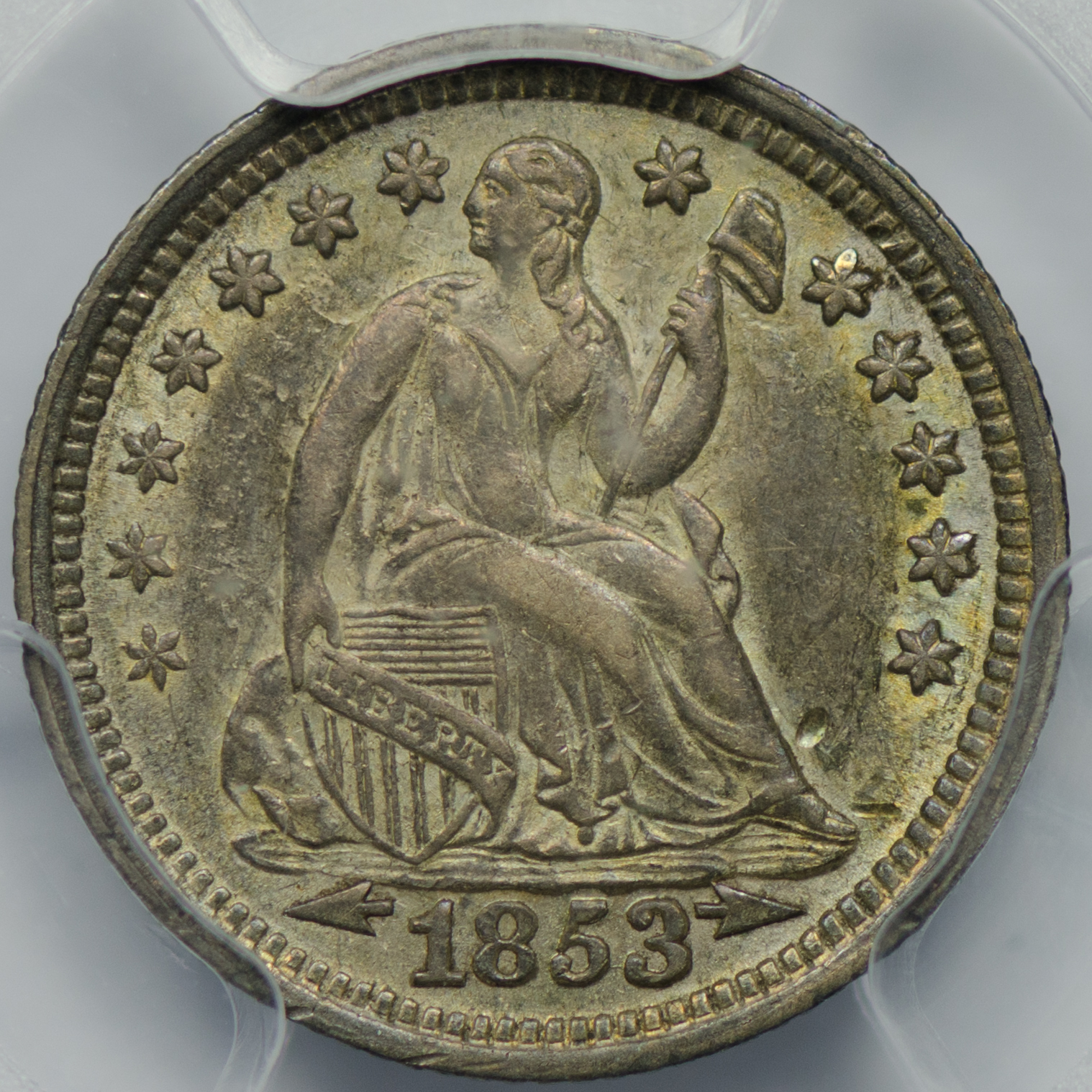 1853 H10C HALF DIME - SEATED LIBERTY, STARS & ARROWS PCGS AU53 26108687 CAC Obv Closeup.jpg